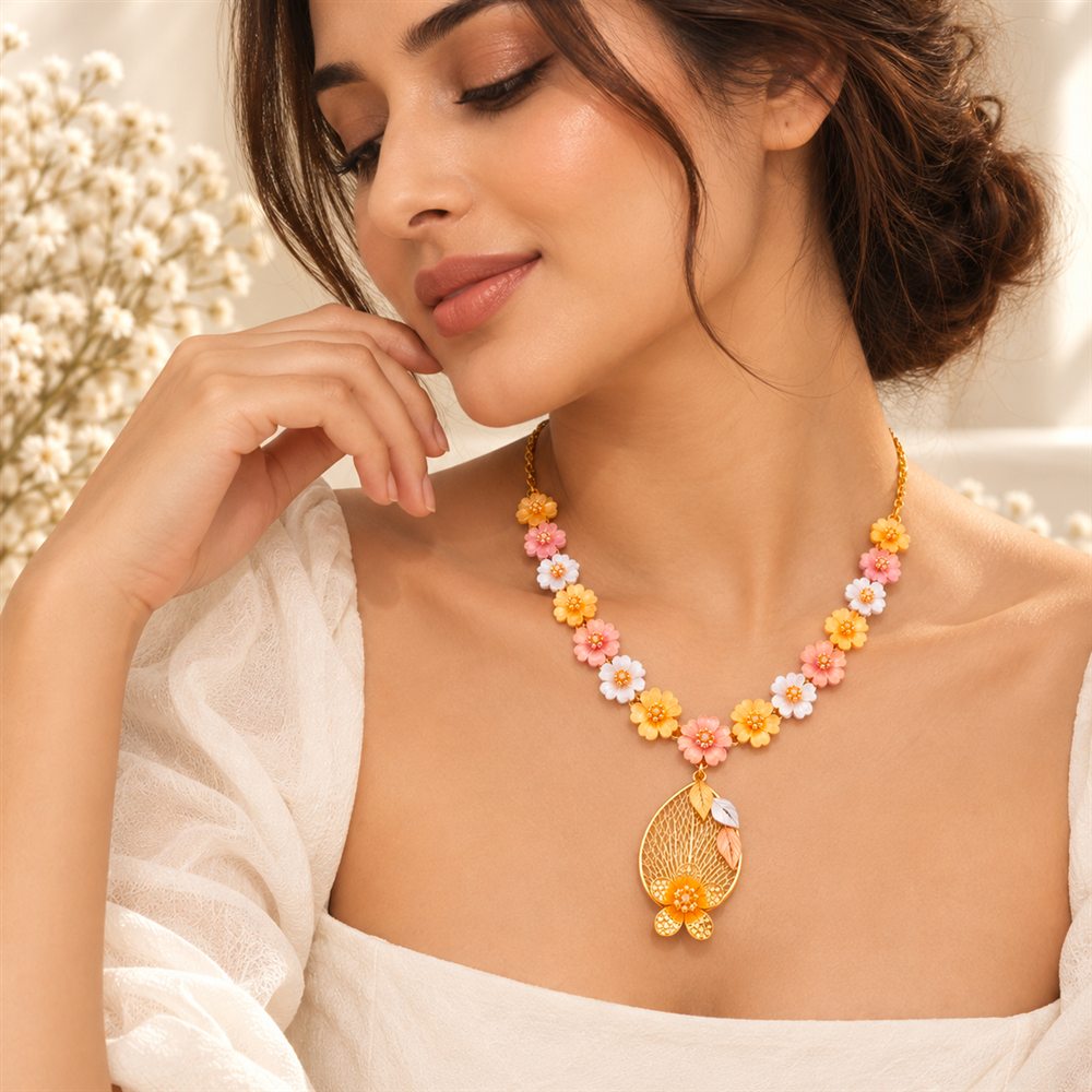 Model wearing a colourful floral pendant necklace