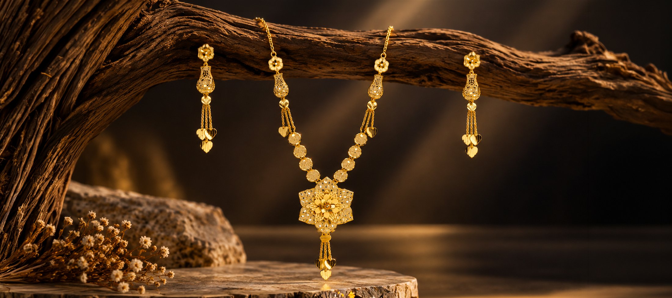 Gold necklace and earrings presented against sculptural wood
