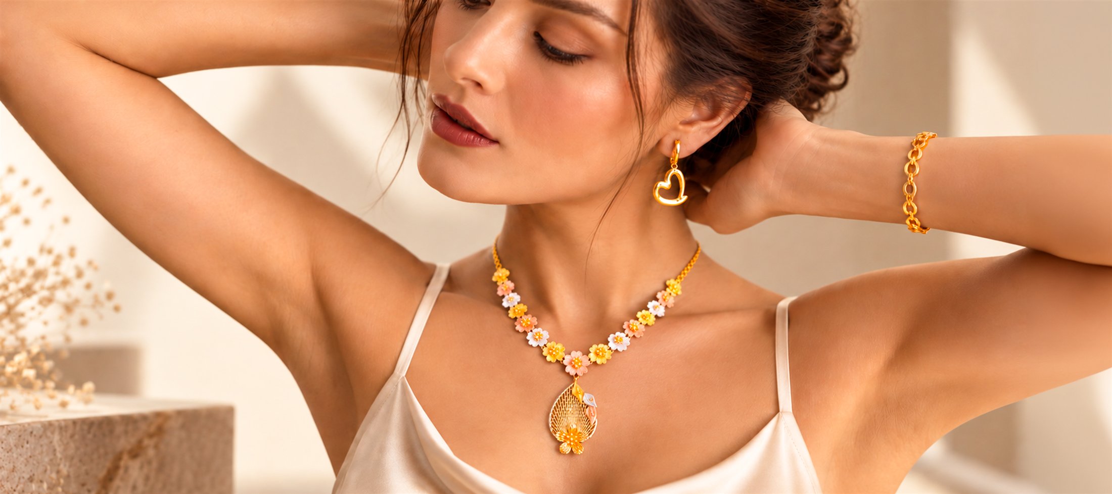 Model wearing floral gold jewellery from Jewel Clouds