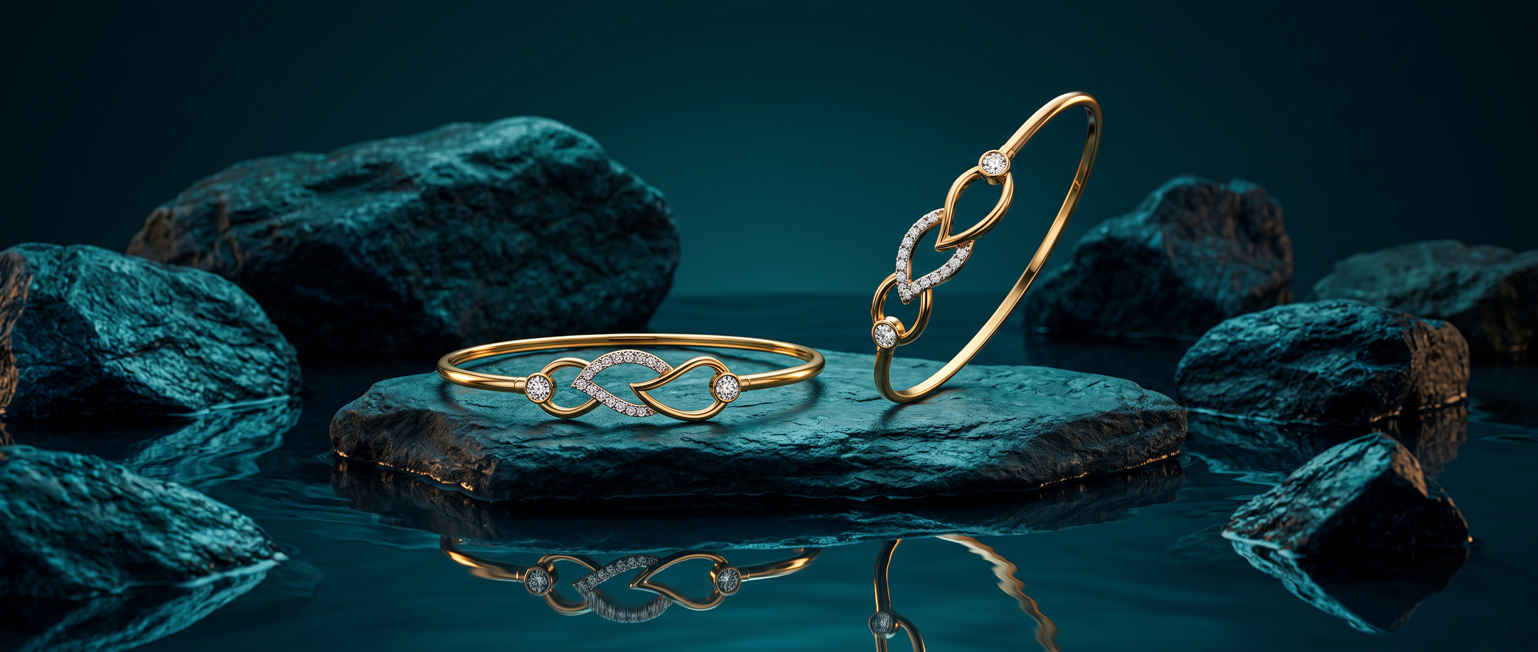 Diamond-accented gold bracelets displayed on dark teal stone