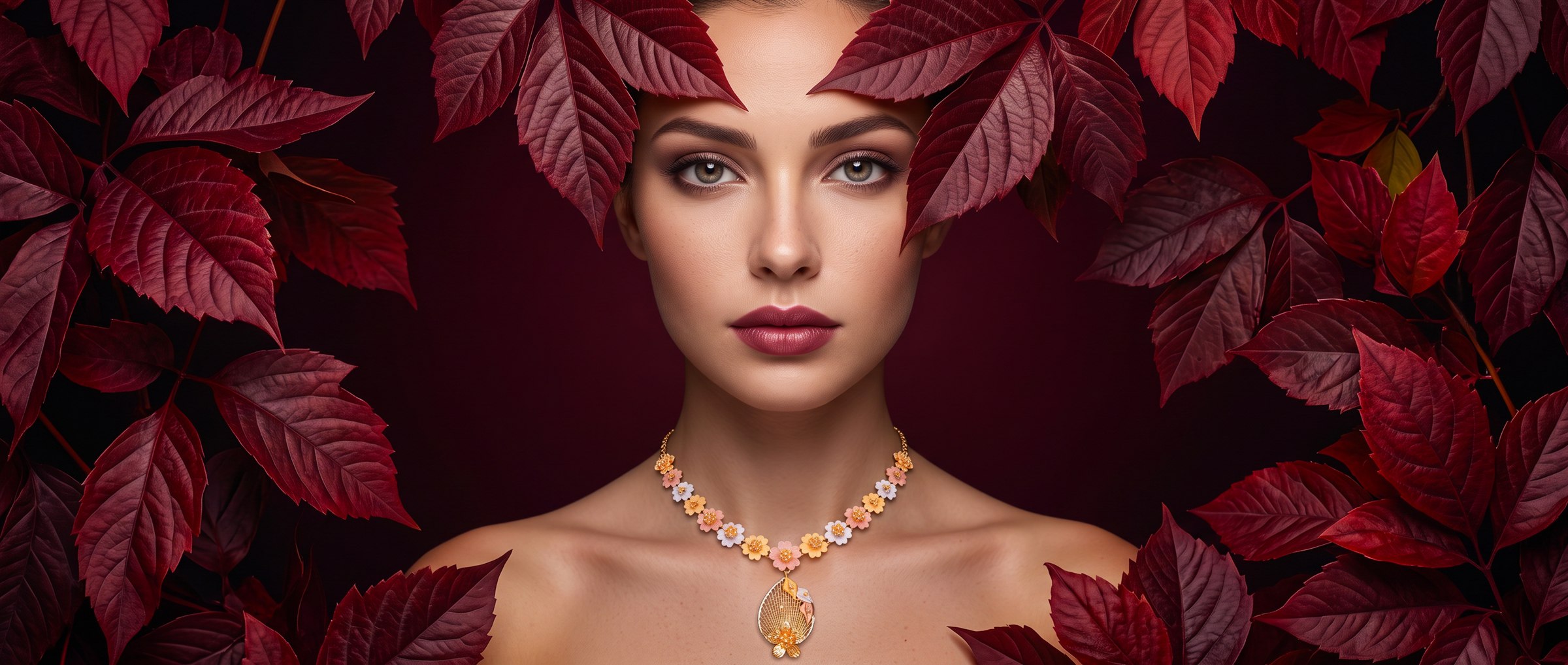 Model wearing a floral gold necklace framed by deep burgundy leaves